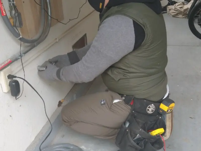 Electrician performing outlet wiring in a Garden Grove garage